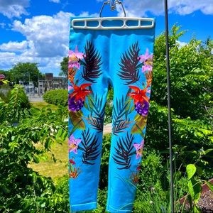Blue Tropical Floral Print Leggings